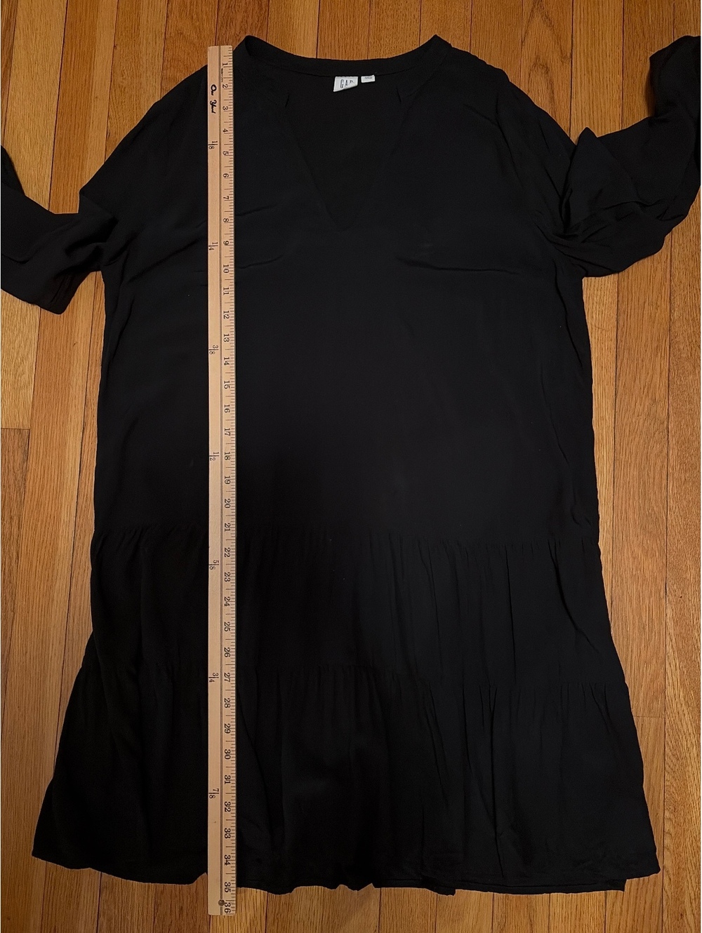 GAP Black Rayon Tiered Dress L Deep V Long Sleeve Witchy Romantic Grunge Boho - Picture 6 of 6